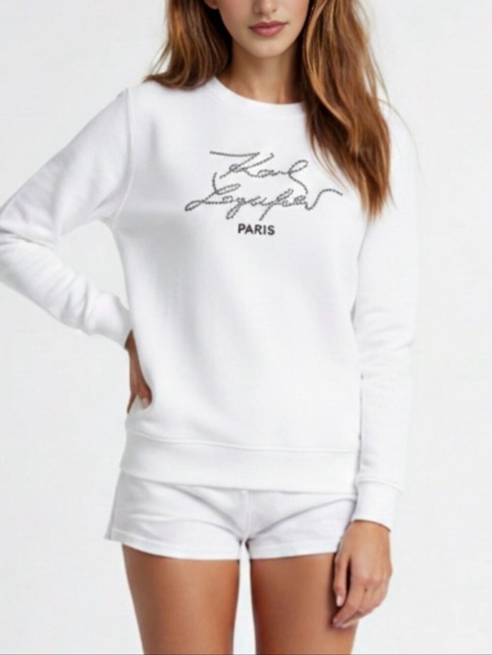 New Karl Lagerfeld White Script Logo Pullover Sweatshirt